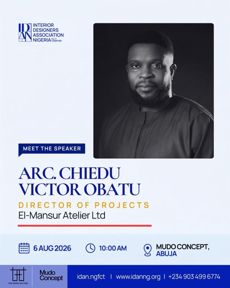 Speaker poster for the Interior Designers Association of Nigeria FCT Chapter event introducing Arc. Chiedu Victor Obatu as speaker at Mudo Concept, Abuja
