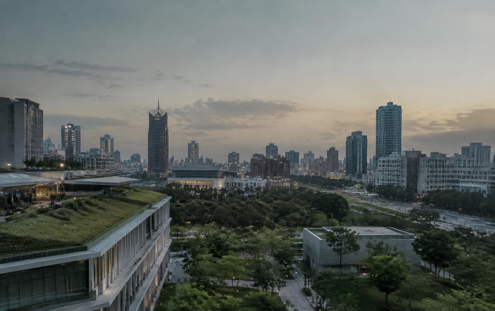 City skyline with green infrastructure at dusk